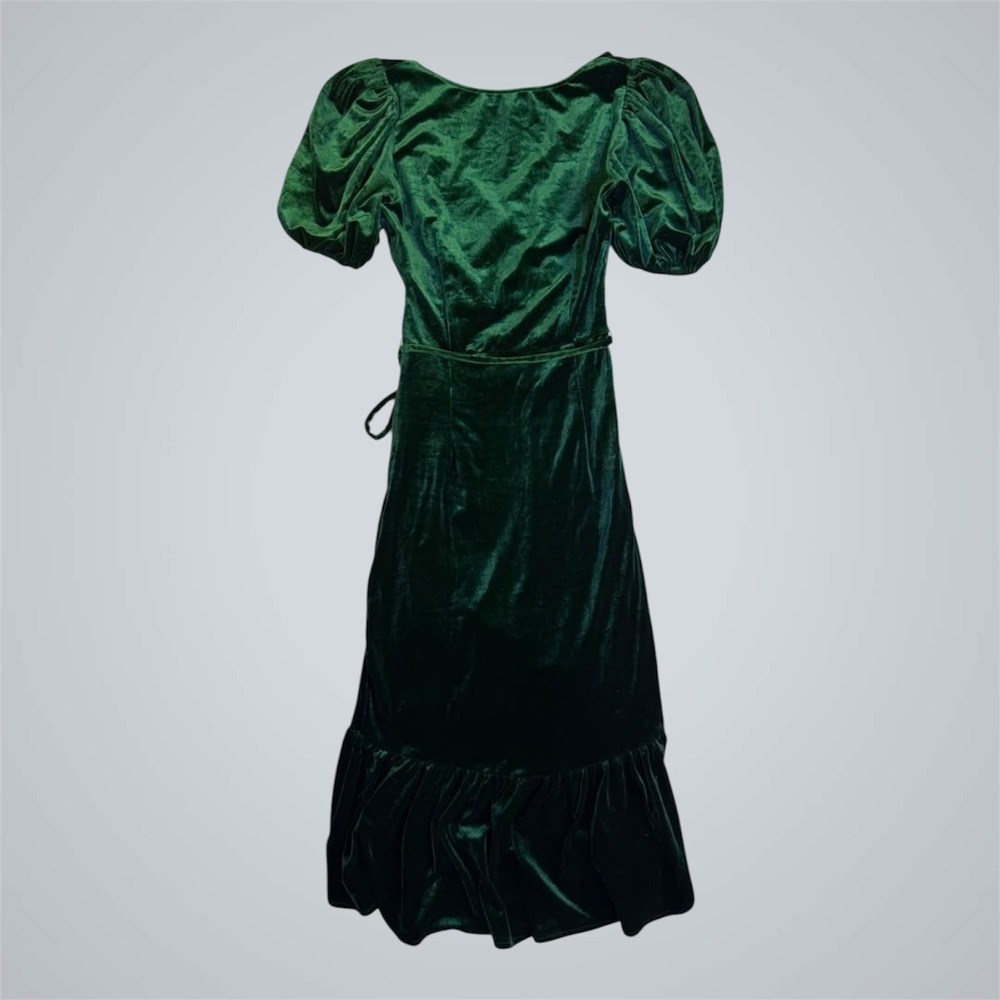 Lucy Paris Womens Emerald Green Velvet Wrap Dress Puff Sleeve High Low Small - Picture 6 of 12